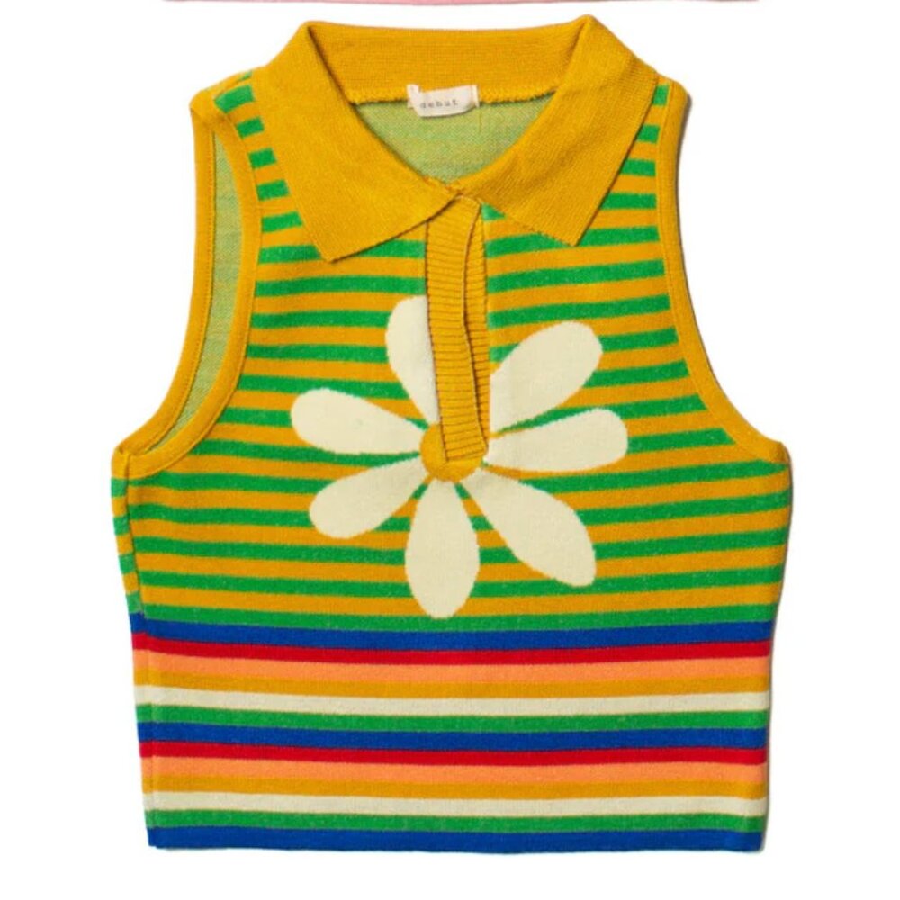 Debut Small Rainbow Daisy Knit Tank Retro 70s 90s Style